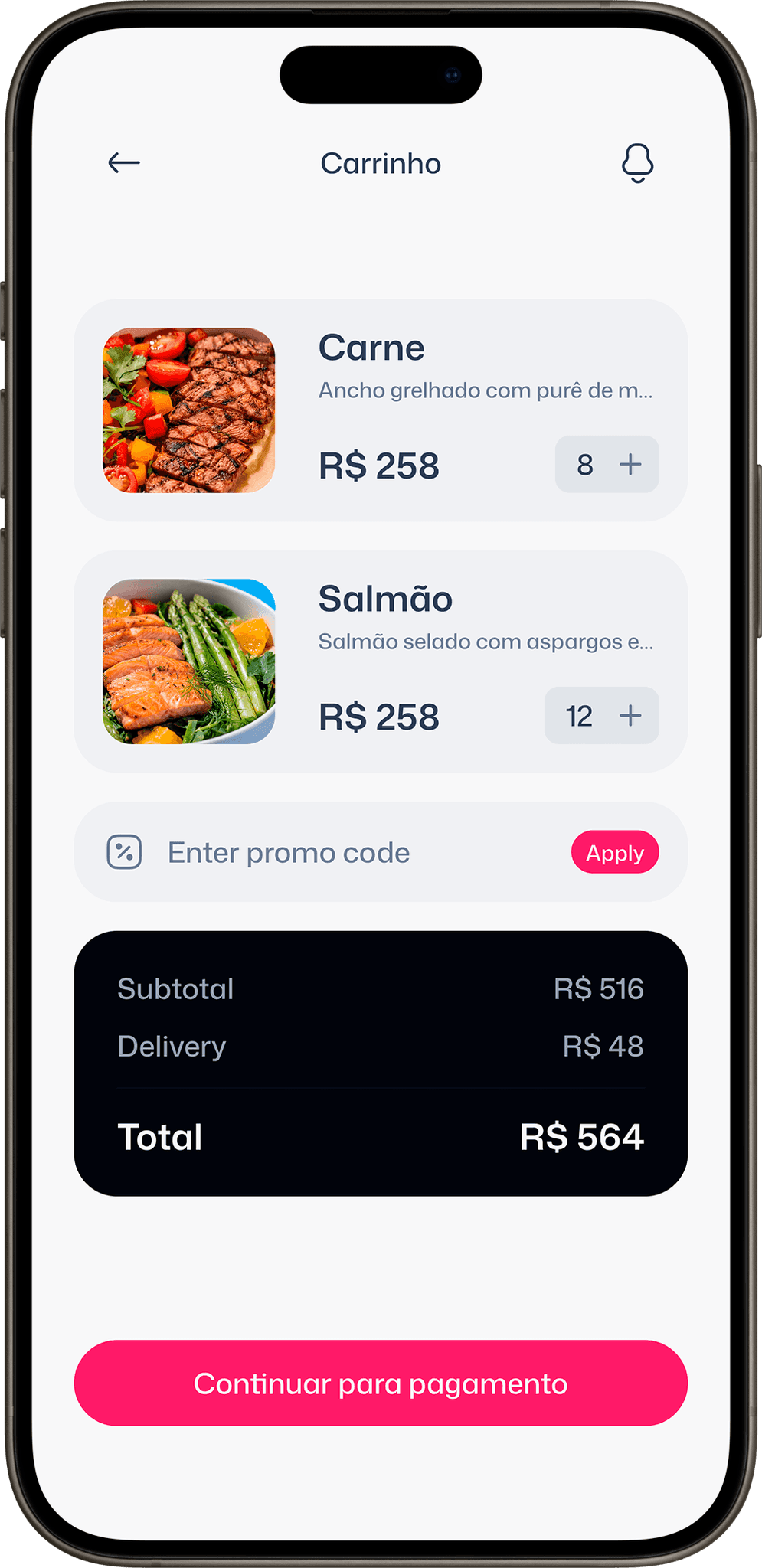 Ecrã do carrinho no app